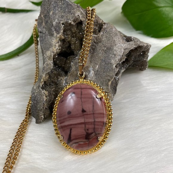 Vintage Jewelry - Vintage Jasper Pendant Necklace 70s 24"